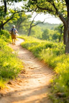 Un excursionista recoge basura mientras camina por un sendero en un bosque verde al atardecer