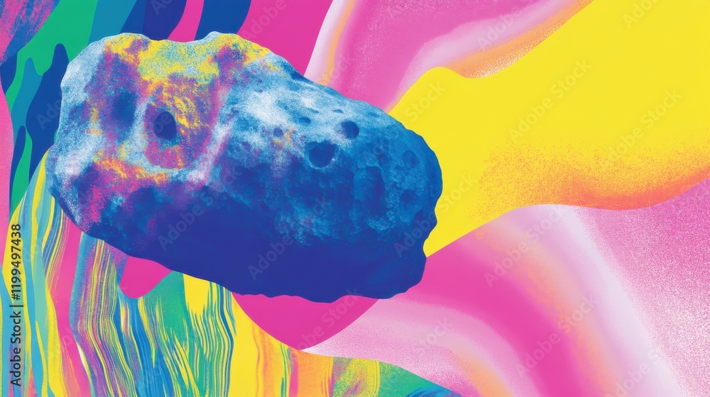 Poster abstract colorful composition featuring a textured rock against vibrant background patterns
