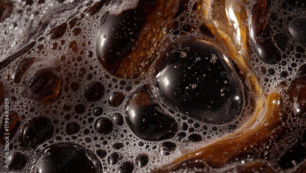 Aufkleber close-up of dark brown liquid with bubbles and foam, capturing the textures and reflections on surfa