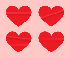 Glued realistic sticker with folds, creases, crumpled, red heart for gift, decoration, postcard. Isolated vector illustration EPS10