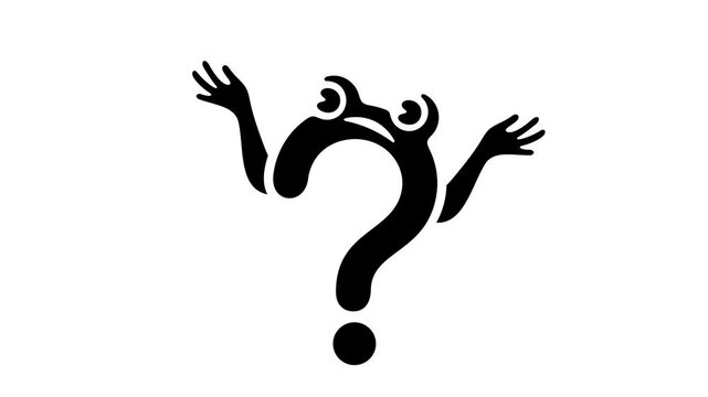 Sign question spreads arms to sides, graphic animation. Black. Transparent background motion design. 4K resolution
