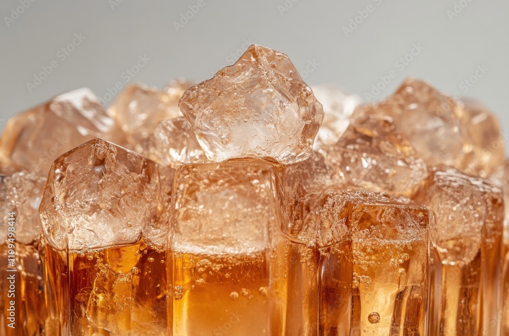 Poster close-up of glimmering ice cubes in brown liquid creating a refreshing summer beverage with bubbles 