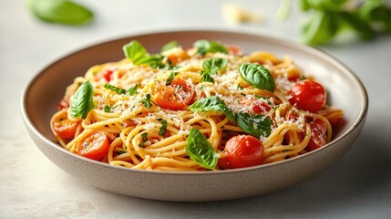 Pasta with cherry tomatoes and cheese in Italian style. Aesthetic food photography of a traditional Mediterranean dish.