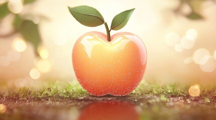 Shiny red apple on mossy ground with bokeh background.