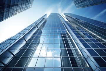 Modern Office Building in the Heart of the City. Skyscraper with Blue Glass Architecture, Towering over the Business District with a Clear Blue Sky
