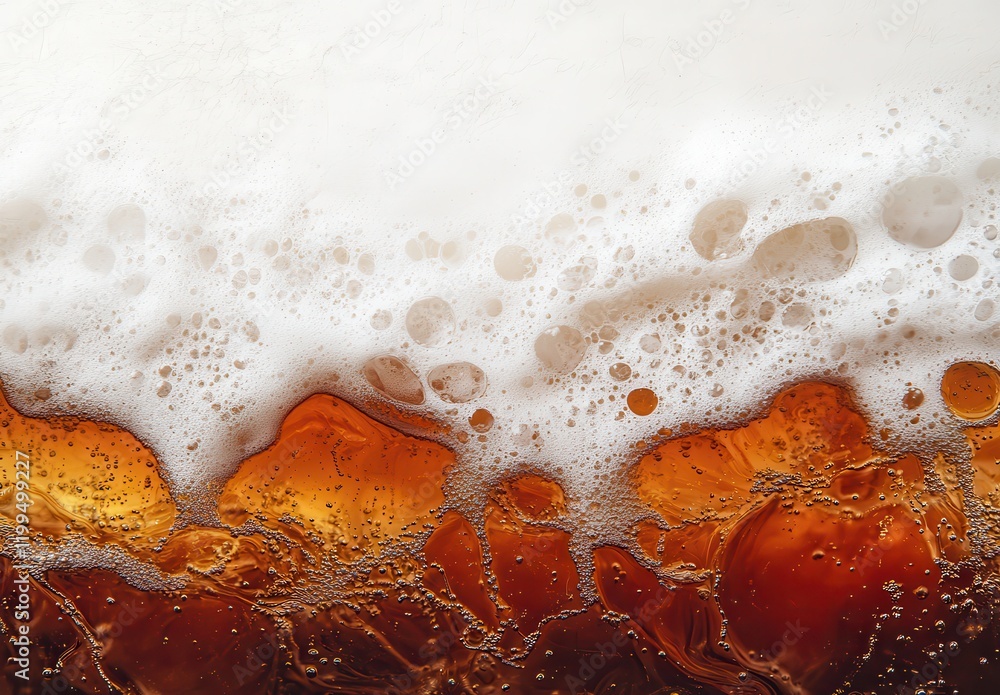 Poster close-up of refreshing carbonated beverage with rich brown color and frothy white foam layer creatin