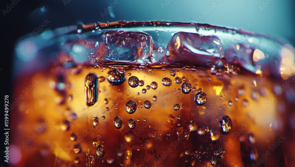 Poster close-up of refreshing carbonated beverage with bubbles and ice cubes in a crystal glass against a s