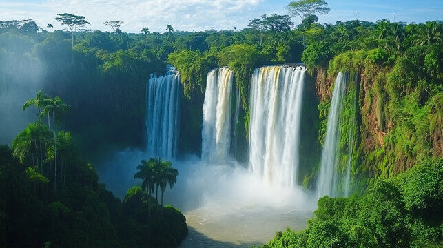 A waterfall with a green forest in the background