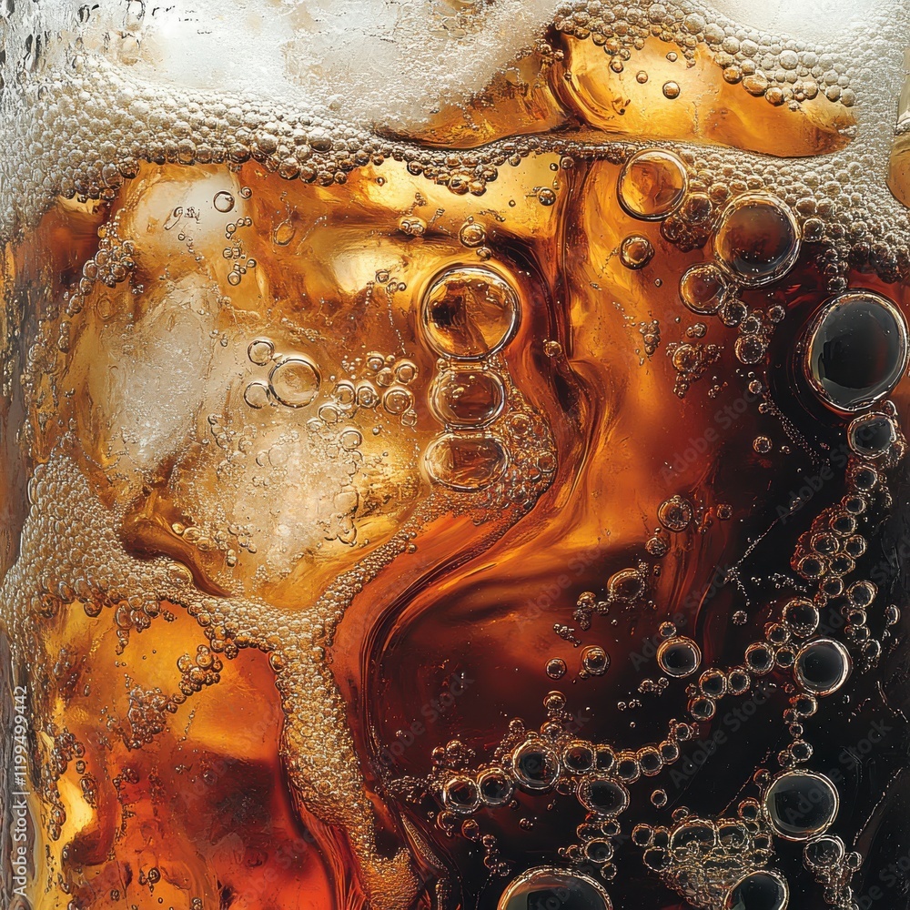 Poster close-up of refreshing dark brown beverage with bubbling carbonation and ice cubes, capturing the te
