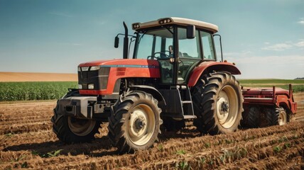 Fototapeta premium A red and white tractor is driving through a field