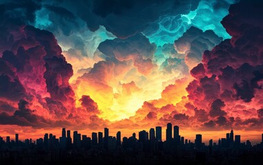 Radiant Landscape Under a Colorful Sky Filled with Dynamic Clouds and Urban Skyline at Dusk, Showcasing Nature's Beauty and City Life's Harmony