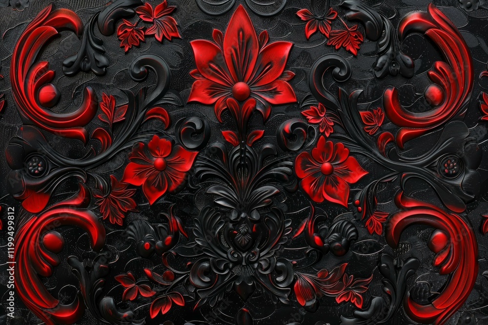 Poster intricate red and black floral damask pattern creating a luxurious and elegant background, perfect f