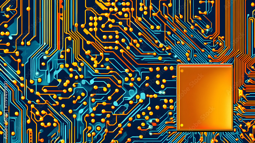 Poster abstract close-up of a circuit board showcasing intricate wiring, connections, and a central process
