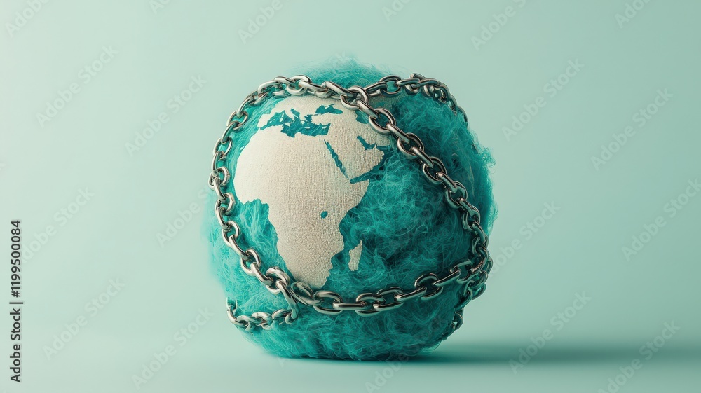 Poster environmental impact pollution policy concept. a textured globe wrapped in chains, symbolizing envir
