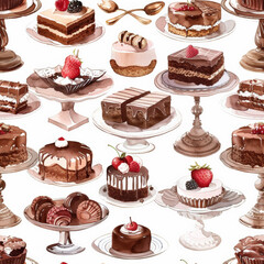 Seamless Delicious chocolate desserts on elegant stands create sweet pattern