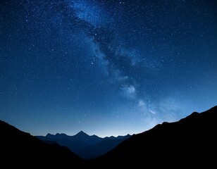 a serene night sky filled with stars over a silhouette of mountains the main colors are deep blue and black