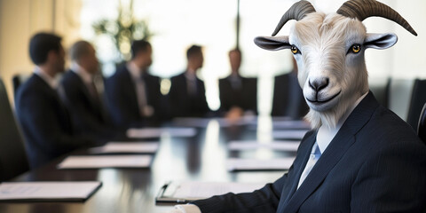 Goat in a suit attends business meeting with colleagues