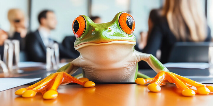 Colorful frog in a business meeting at a modern office