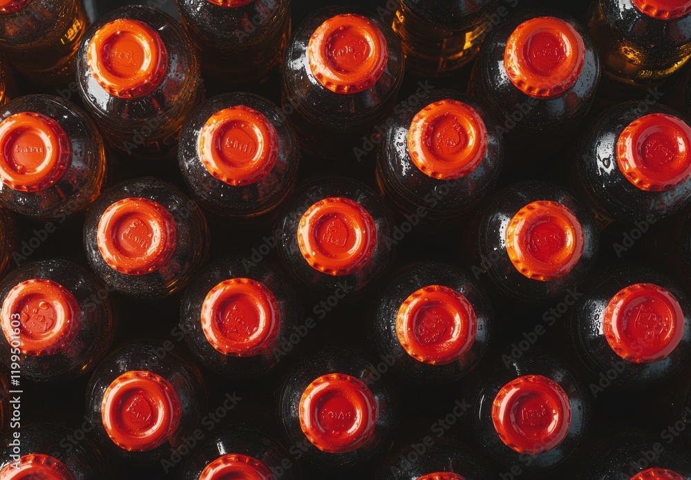 Aufkleber close-up view of bottles with bright orange caps displaying a stunning array of drops and textures, 