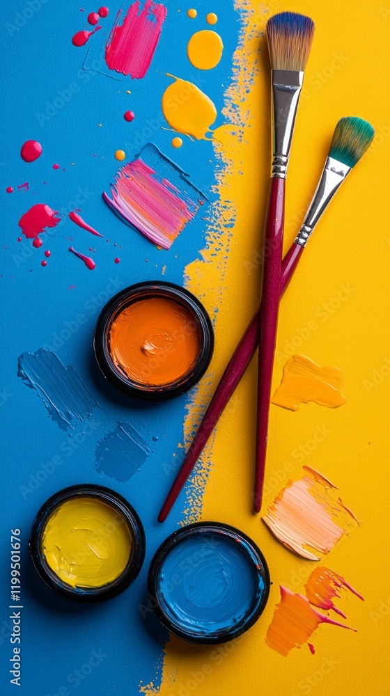 Poster a vivid array of paint pots in bold hues is artistically arranged alongside paint splashes and brush