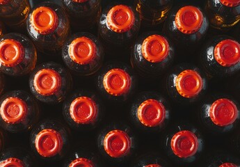 Close-Up View of Bottles with Bright Orange Caps Displaying a Stunning Array of Drops and Textures, Perfect for Beverage or Product Photography Needs