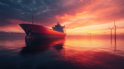 Fototapeta premium Container ship rests peacefully in calm waters during stunning sunset near wind turbines