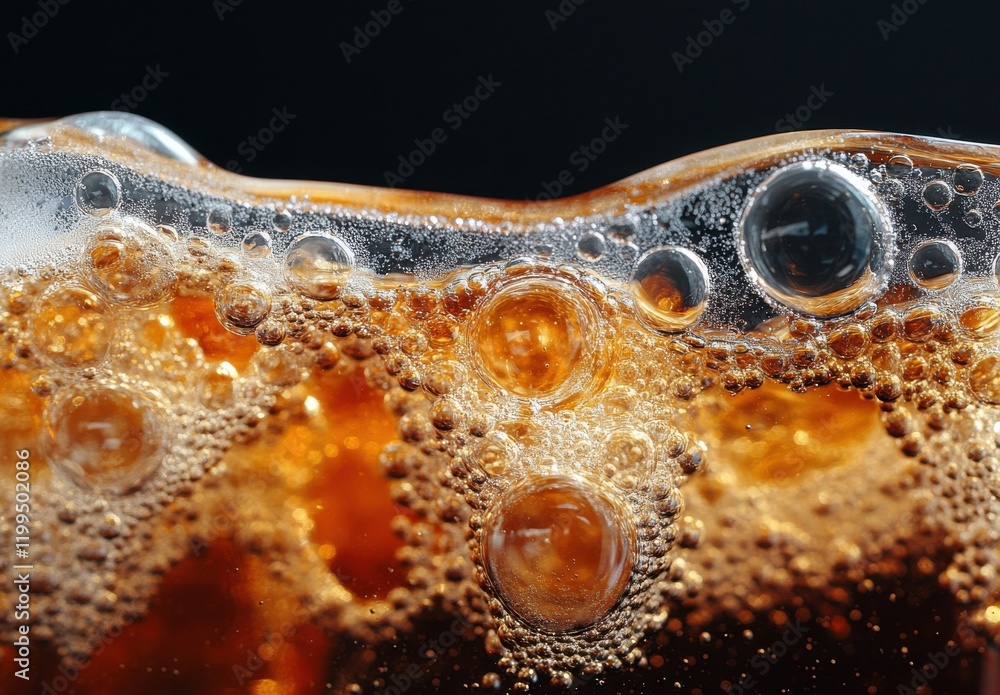 Poster Close-Up View of Bubbles and Foam in Carbonated Beverage Creating an Appealing Abstract Background in Dark Setting