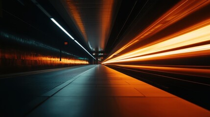 Bright light trails capture the dynamic energy of a subway platform at night with vibrant colors and motion blur