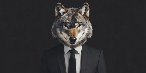 Man wearing a suit with a wolf head at a dark background