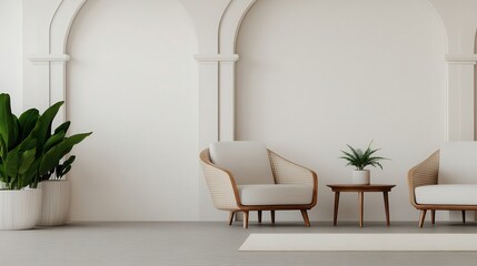 Luxury hotel interior with exclusive lighting Modern living room with stylish chairs and decorative plants.