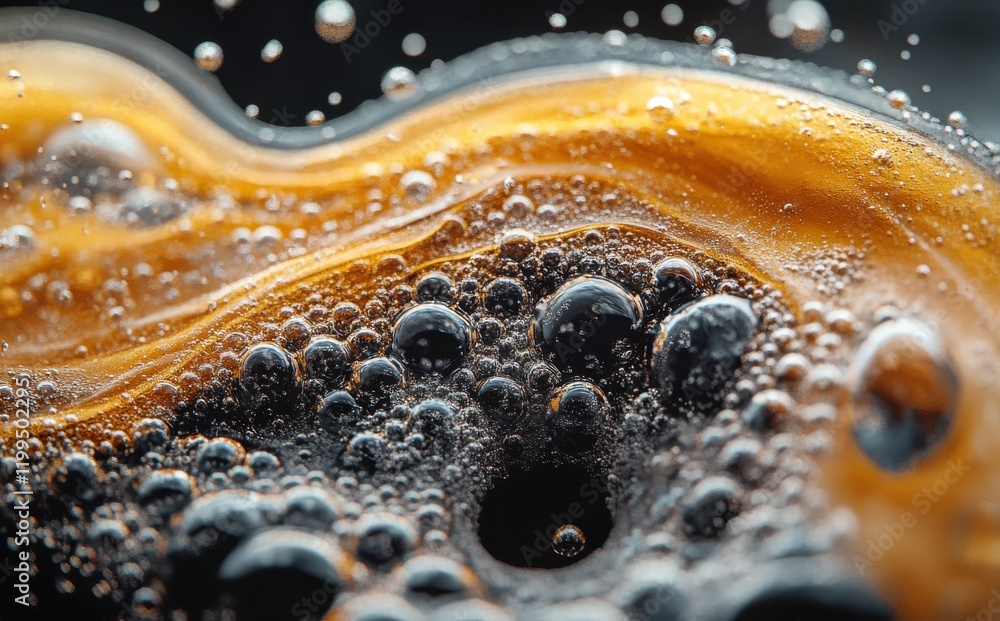 Poster close-up view of bubbles and foam in dark liquid, capturing unique organic patterns and textures wit
