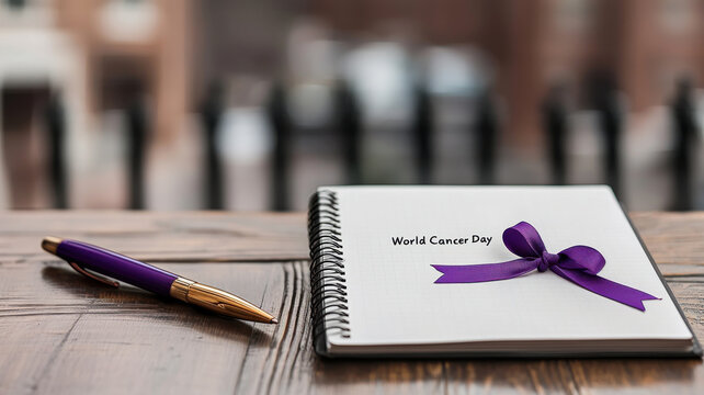 World Cancer Day Themed, World Cancer Day notebook with purple ribbon and pen on wooden table