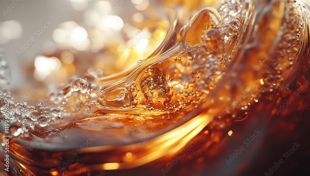 Poster close-up view of bubbles and ripples in a refreshing drink with light reflections highlighting the a