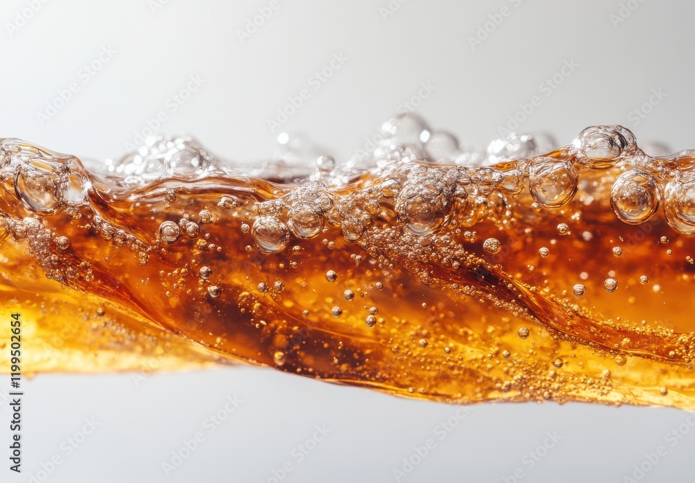 Poster close-up view of bubbles and waves in a carbonated beverage, capturing the effervescence and light r