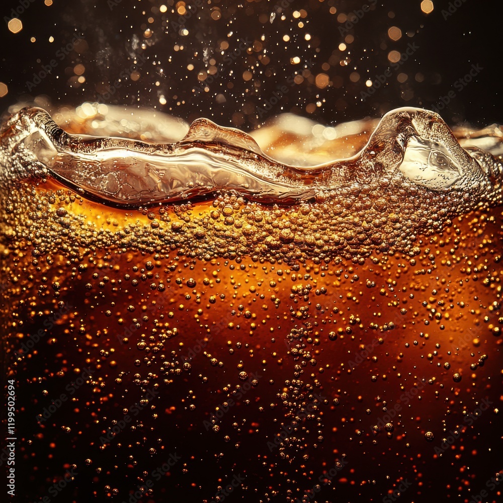 Poster close-up view of bubbles in a fizzy beverage with light reflection and bokeh effect, showcasing the 