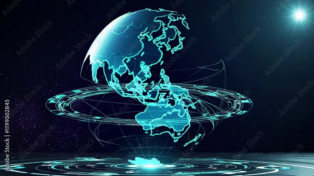 Poster digital world map rotating slowly, revealing interconnected network pathways, pulsing light rays ema