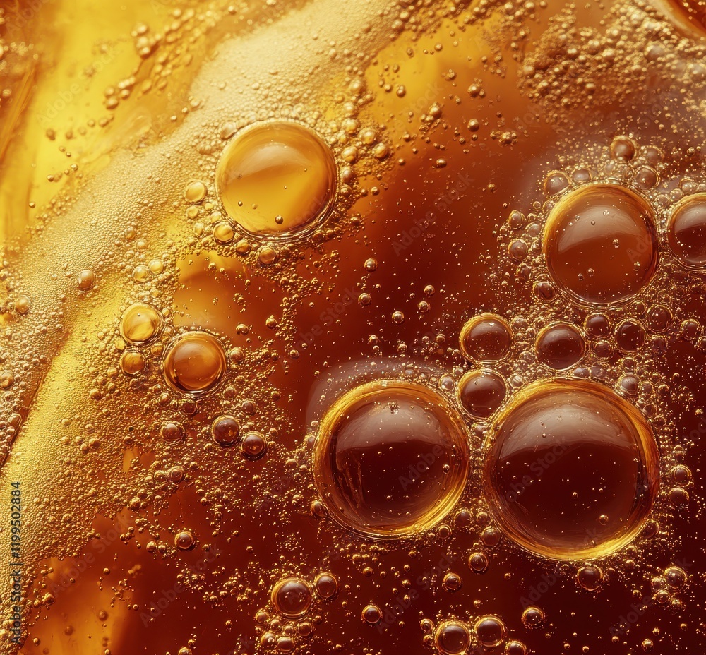 Poster Close-Up View of Bubbles in Carbonated Beverage with Bright Amber Color and Sparkling Texture, Showcasing Refreshing Drink Aesthetic for Various Use Cases