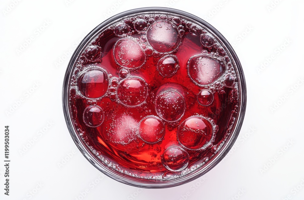 Aufkleber close-up view of bubbles in red beverage in glass on white background highlighting refreshing and ca