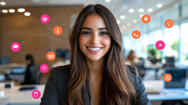 Smiling woman in a modern office setting engaging with digital communication icons. Generative AI - Powered by Adobe