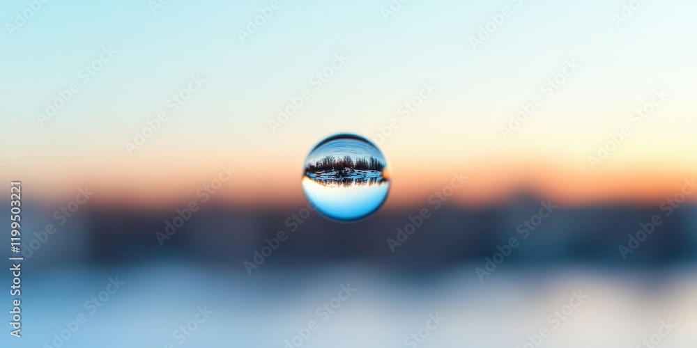 Poster environmental impact pollution policy concept. a droplet reflects a serene landscape, creating a mes