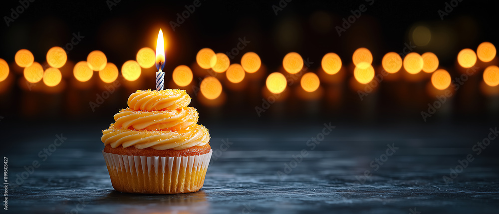 Poster brightly lit cupcake with a candle surrounded by warm bokeh lights in a dark setting at a festive ga