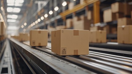 Closeup of cardboard boxes moving along a conveyor belt in a fulfillment center, capturing e-commerce, automation, and product delivery in action.