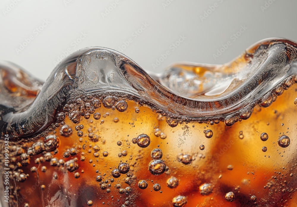Poster close-up view of carbonated beverage with bubbles and ice in glass capturing refreshing drink experi