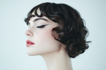 Elegant profile of woman with vintage curls and striking makeup