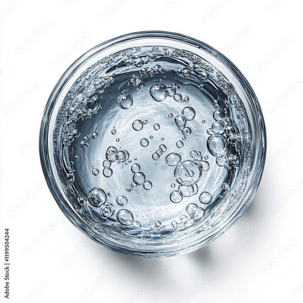 Poster close-up view of clear refreshing carbonated water in transparent glass with bubbles captured on lig