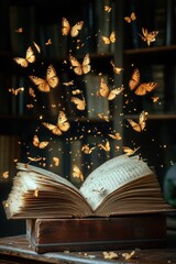 Open book, golden butterflies, magical ambiance.