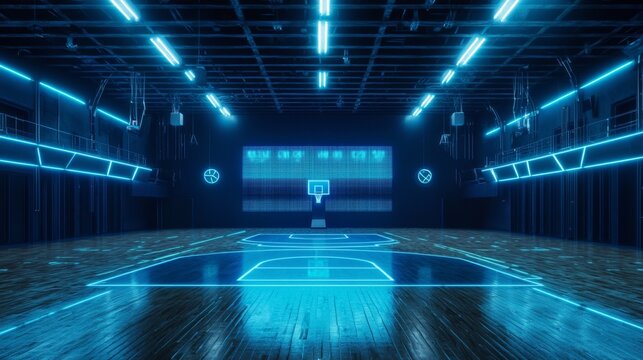 Futuristic Neon Lit Indoor Basketball Court Virtual Reality Game Arena Digital Scoreboard