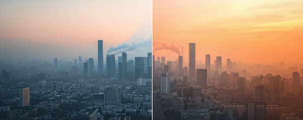environmental impact pollution policy concept. Urban skyline at dusk, showcasing a contrast between pollution and sunset hues.