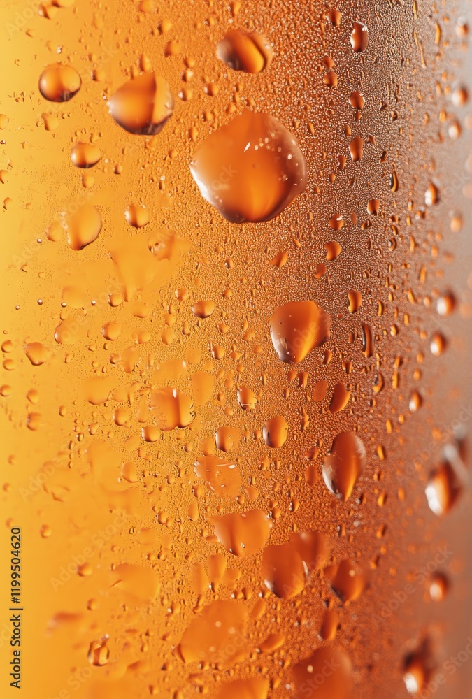 Poster close-up view of condensation on a glass surface with rich amber liquid and droplets, creating a tex
