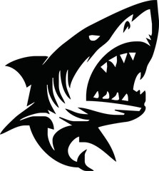 modern and simple shark silhouette logo, negative spaced shark in black color logo icon vector temple, esport wild shark logo
